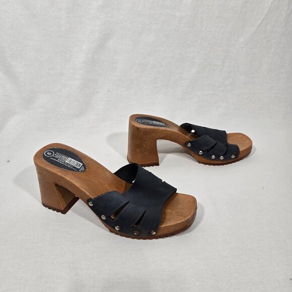 The Leather Collection Shoes - Vintage THE LEATHER COLLECTION Blue Leather Chunky Heels Platform Sandals Size 8